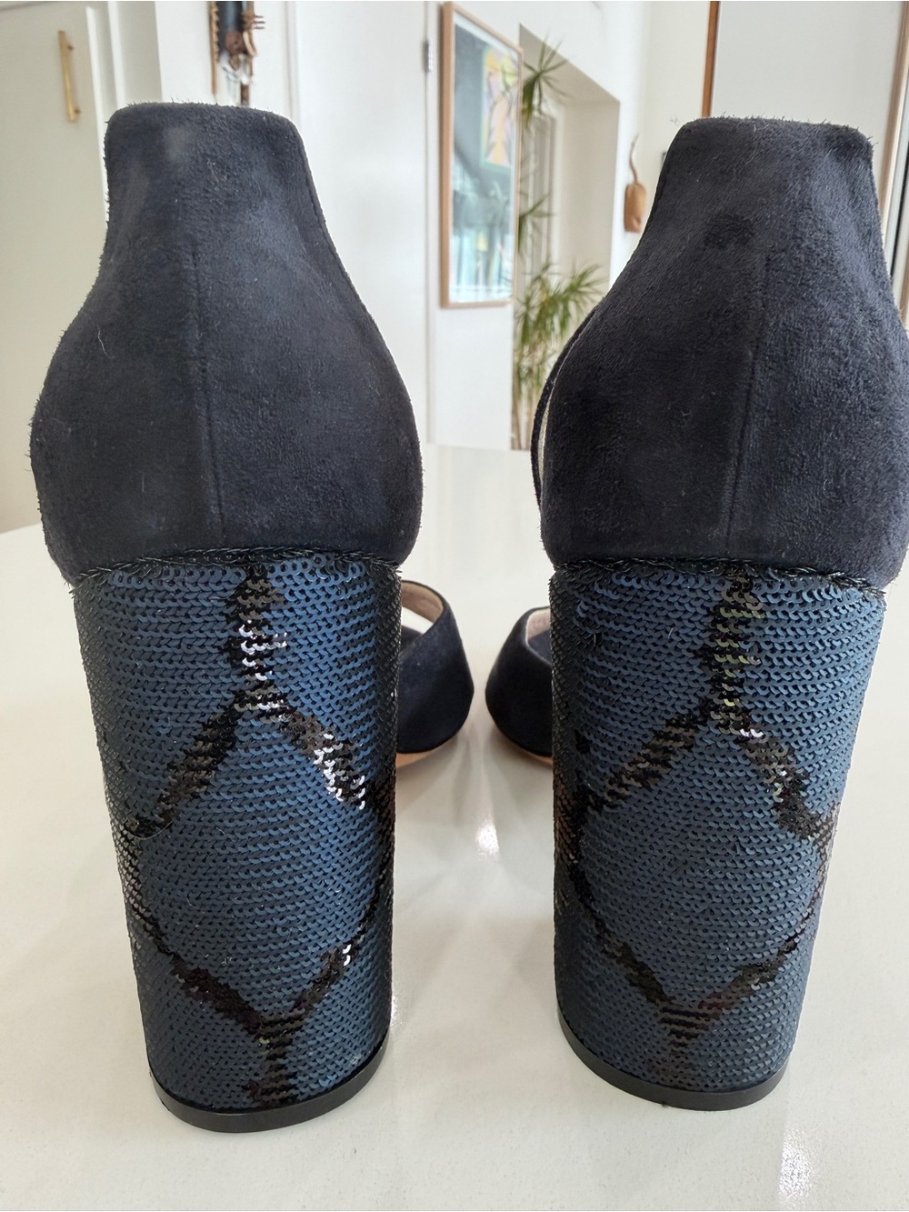 Marc Jacobs Black/Navy Suede Open-Toe Block With Embellished Heels